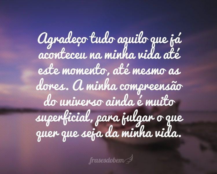 Agradeço tudo aquilo que já aconteceu na minha vida até este momento, até mesmo as dores. A minha compreensão do universo ainda é muito superficial, para julgar o que quer que seja da minha vida.