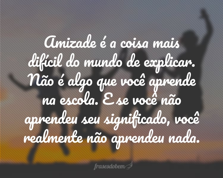 Amizade é a coisa mais difícil do mundo de explicar. Não é algo que você aprende na escola. E se você não aprendeu seu significado, você realmente não aprendeu nada.