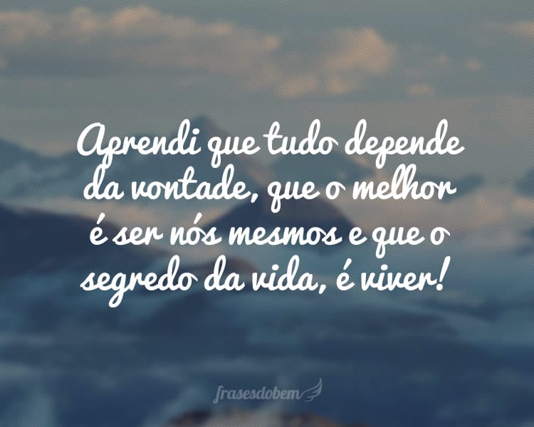 Aprendi que o tempo cura, que mágoa passa, que decepção não mata, que hoje é reflexo de ontem, que os verdadeiros amigos permanecem e que os falsos, graças a Deus, vão embora. Compreendi que as palavras tem força, que o olhar não mente e que viver é aprender com os erros. Aprendi que tudo depende da vontade, que o melhor é ser nós mesmos e que o segredo da vida, é viver!