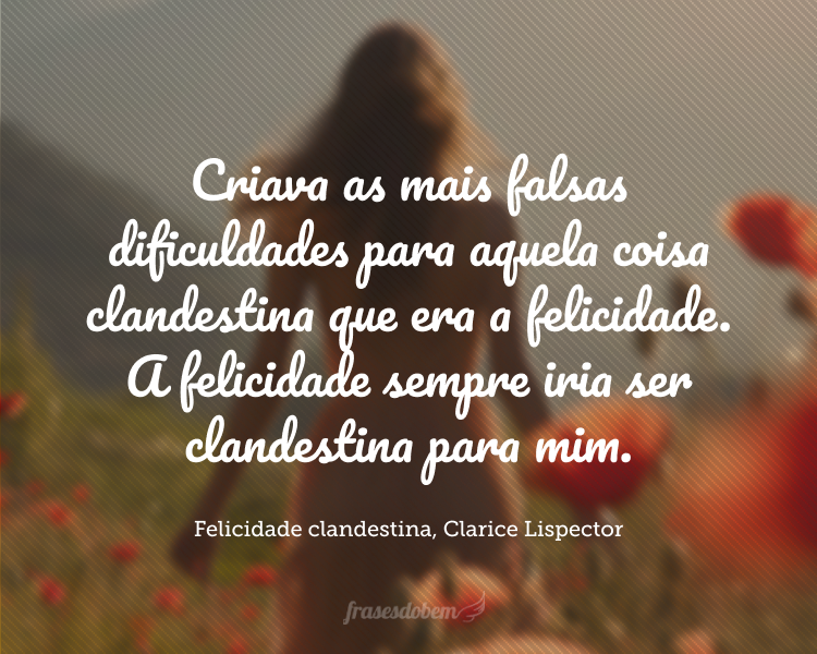 Criava as mais falsas dificuldades para aquela coisa clandestina que era a felicidade. A felicidade sempre iria ser clandestina para mim.