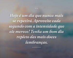 Hoje é um dia que nunca mais se repetirá. Aproveite cada segundo com a intensidade que ele merece! Tenha um bom dia repleto das mais doces lembranças.