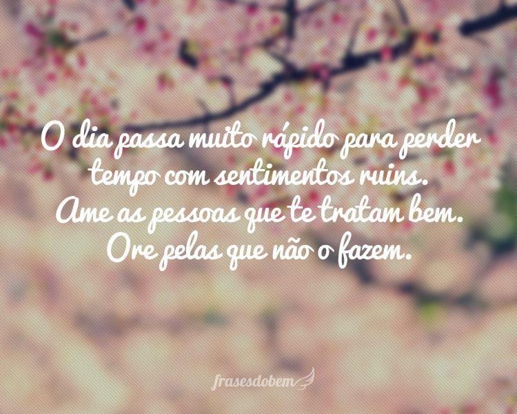 O dia passa muito rápido para perder tempo com sentimentos ruins. Ame as pessoas que te tratam bem. Ore pelas que não o fazem.