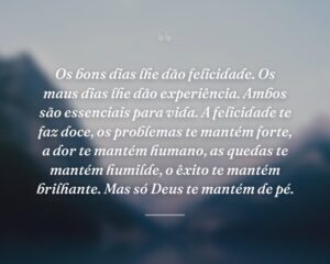 Os bons dias lhe dão felicidade. Os maus dias lhe dão experiência. Ambos são essenciais para vida. A felicidade te faz doce, os problemas te mantém forte, a dor te mantém humano, as quedas te mantém humilde, o êxito te mantém brilhante. Mas só Deus te mantém de pé.