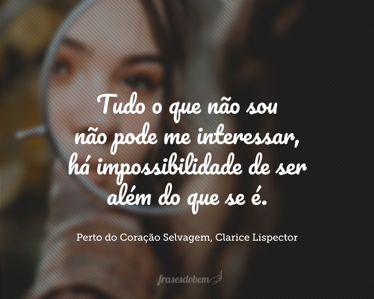 Tudo o que não sou não pode me interessar, há impossibilidade de ser além do que se é — no entanto eu me ultrapasso mesmo sem o delírio, sou mais do que eu quase normalmente... Aceito tudo o que vem de mim porque não tenho conhecimento das causas e é possível que esteja pisando no vital sem saber; é essa a minha maior humildade.