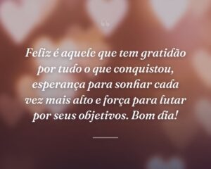 Feliz é aquele que tem gratidão por tudo o que conquistou, esperança para sonhar cada vez mais alto e força para lutar por seus objetivos. Bom dia!