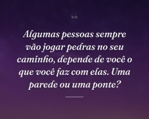 Algumas pessoas sempre vão jogar pedras no seu caminho, depende de você o que você faz com elas. Uma parede ou uma ponte?