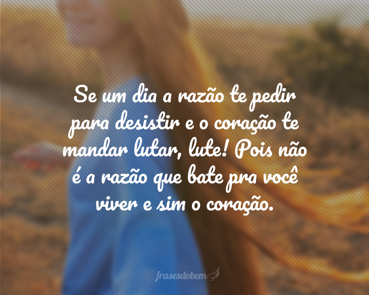 Se um dia a razão te pedir para desistir e o coração te mandar lutar, lute! Pois não é a razão que bate pra você viver e sim o coração.