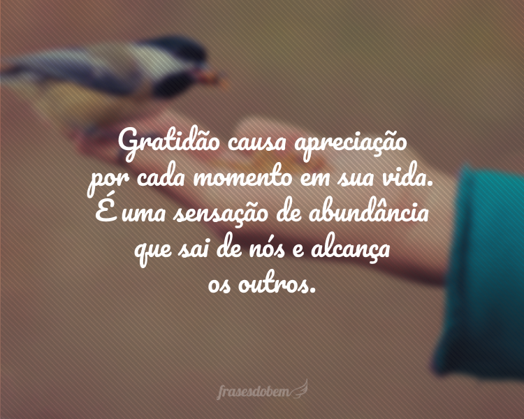 Gratidão causa apreciação por cada momento em sua vida. É uma sensação de abundância que sai de nós e alcança os outros.