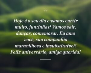 Hoje é o seu dia e vamos curtir muito, juntinhas! Vamos sair, dançar, comemorar. Eu amo você, sua companhia maravilhosa e insubstituível! Feliz aniversário, amiga querida!