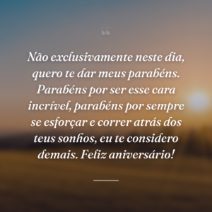 Não exclusivamente neste dia, quero te dar meus parabéns. Parabéns por ser esse cara incrível, parabéns por sempre se esforçar e correr atrás dos teus sonhos, eu te considero demais. Feliz aniversário!