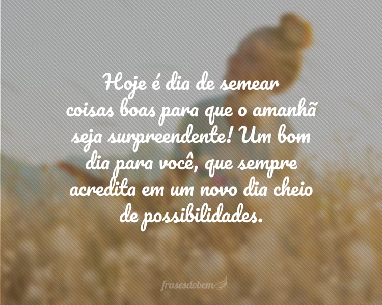 Hoje é dia de semear coisas boas para que o amanhã seja surpreendente! Um bom dia para você, que sempre acredita em um novo dia cheio de possibilidades.