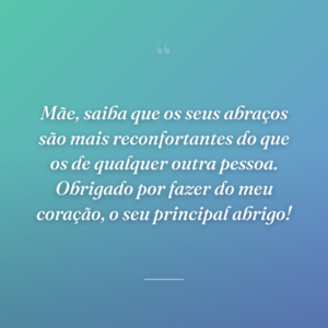 Mãe, saiba que os seus abraços são mais reconfortantes do que os de qualquer outra pessoa. Obrigado por fazer do meu coração, o seu principal abrigo!