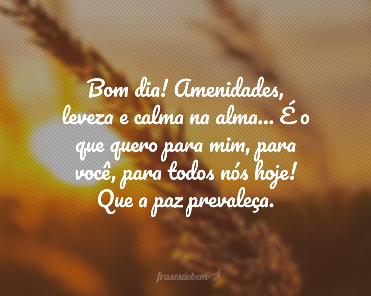 Bom dia! Amenidades, leveza e calma na alma... É o que quero para mim, para você, para todos nós hoje! Que a paz prevaleça.