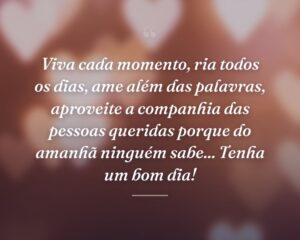 Viva cada momento, ria todos os dias, ame além das palavras, aproveite a companhia das pessoas queridas porque do amanhã ninguém sabe... Tenha um bom dia!