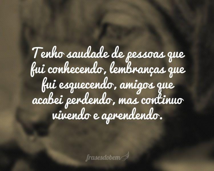 Tenho saudade de pessoas que fui conhecendo, lembranças que fui esquecendo, amigos que acabei perdendo, mas continuo vivendo e aprendendo.