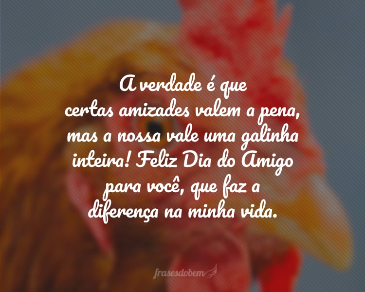 A verdade é que certas amizades valem a pena, mas a nossa vale uma galinha inteira! Feliz Dia do Amigo para você, que faz a diferença na minha vida.