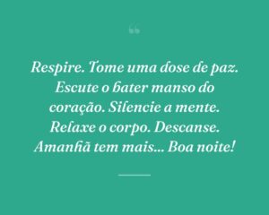 Respire. Tome uma dose de paz. Escute o bater manso do coração. Silencie a mente. Relaxe o corpo. Descanse. Amanhã tem mais... Boa noite!