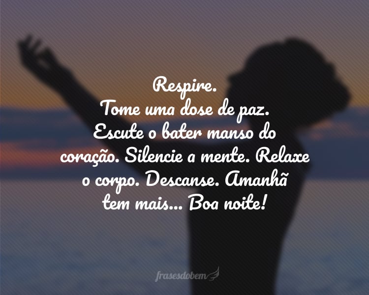 Respire. Tome uma dose de paz. Escute o bater manso do coração. Silencie a mente. Relaxe o corpo. Descanse. Amanhã tem mais... Boa noite!