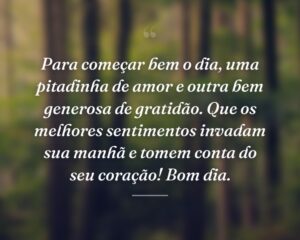 Para começar bem o dia, uma pitadinha de amor e outra bem generosa de gratidão. Que os melhores sentimentos invadam sua manhã e tomem conta do seu coração! Bom dia.