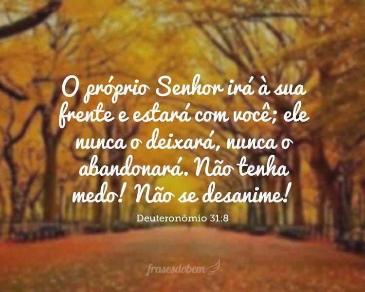 O próprio Senhor irá à sua frente e estará com você; ele nunca o deixará, nunca o abandonará. Não tenha medo! Não se desanime! (Deuteronômio 31:8)