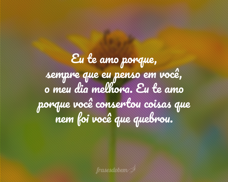 Eu te amo porque, sempre que eu penso em você, o meu dia melhora. Eu te amo porque você consertou coisas que nem foi você que quebrou.