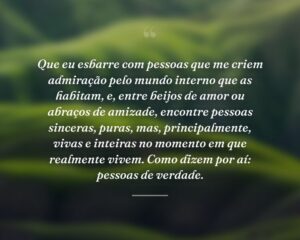 Que eu esbarre com pessoas que me criem admiração pelo mundo interno que as habitam, e, entre beijos de amor ou abraços de amizade, encontre pessoas sinceras, puras, mas, principalmente, vivas e inteiras no momento em que realmente vivem. Como dizem por aí: pessoas de verdade.