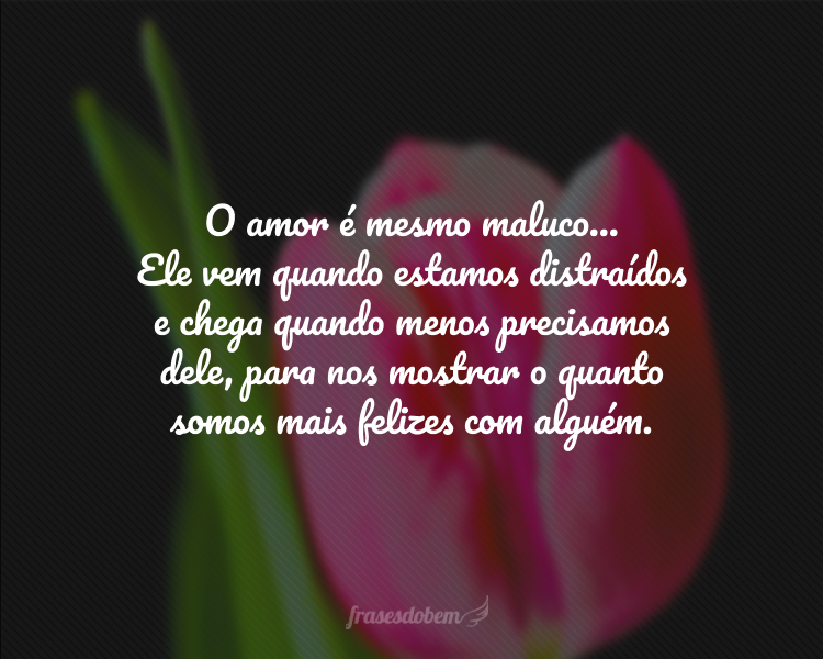 O amor é mesmo maluco... Ele vem quando estamos distraídos e chega quando menos precisamos dele, para nos mostrar o quanto somos mais felizes com alguém.