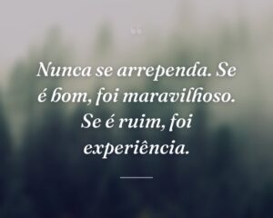 Nunca se arrependa. Se é bom, foi maravilhoso. Se é ruim, foi experiência.