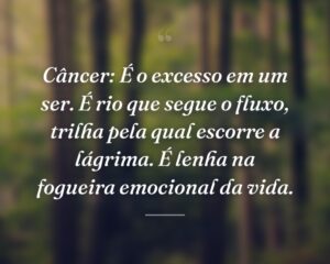 Câncer: É o excesso em um ser. É rio que segue o fluxo, trilha pela qual escorre a lágrima. É lenha na fogueira emocional da vida.