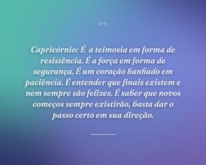 Capricórnio: É  a teimosia em forma de resistência. É a força em forma de segurança. É um coração banhado em paciência. É entender que finais existem e nem sempre são felizes. É saber que novos começos sempre existirão, basta dar o passo certo em sua direção.