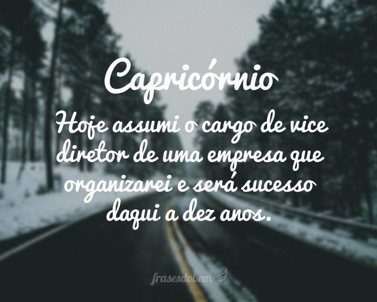 Capricórnio: Hoje assumi o cargo de vice diretor de uma empresa que organizarei e será sucesso daqui a dez anos.