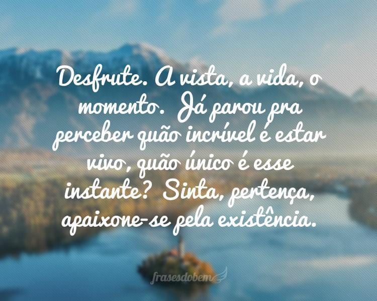 Desfrute. A vista, a vida, o momento. Já parou pra perceber quão incrível é estar vivo, quão único é esse instante? Sinta, pertença, apaixone-se pela existência.