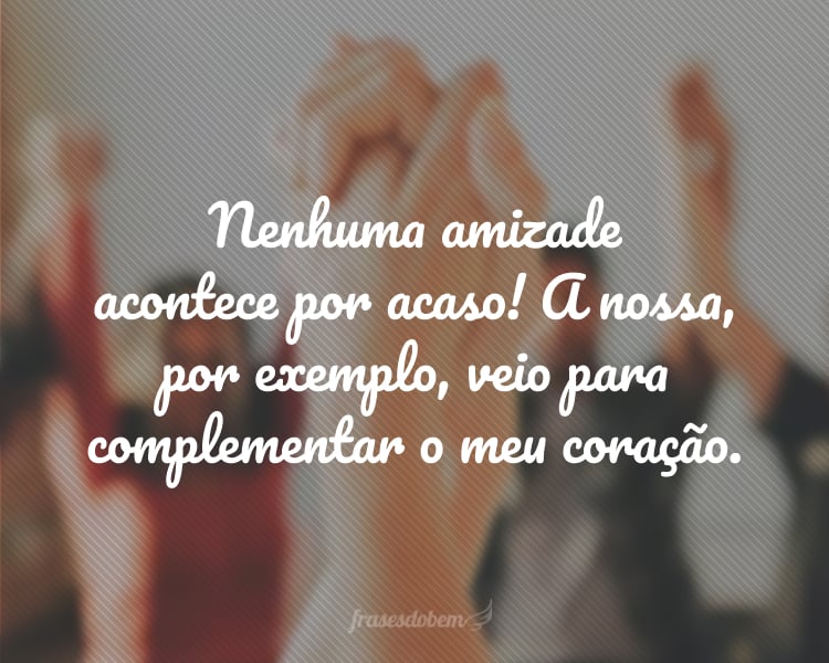 Nenhuma amizade acontece por acaso! A nossa, por exemplo, veio para complementar o meu coração.