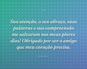 Sua atenção, o seu abraço, suas palavras e sua compreensão me salvaram nos meus piores dias! Obrigado por ser o amigo que meu coração precisa.
