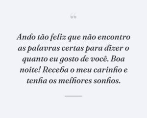 Ando tão feliz que não encontro as palavras certas para dizer o quanto eu gosto de você. Boa noite! Receba o meu carinho e tenha os melhores sonhos.