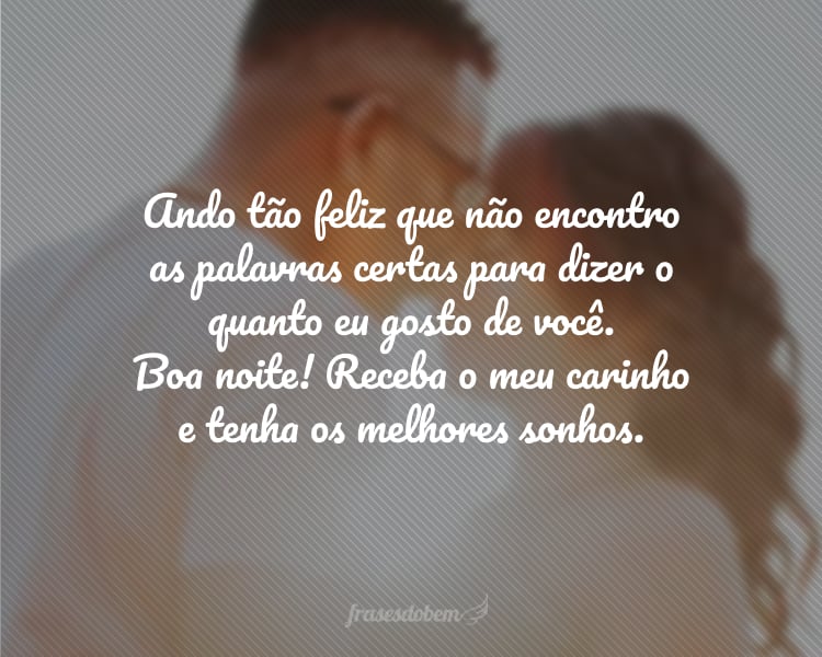 Ando tão feliz que não encontro as palavras certas para dizer o quanto eu gosto de você. Boa noite! Receba o meu carinho e tenha os melhores sonhos.