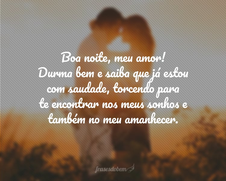 Boa noite, meu amor! Durma bem e saiba que já estou com saudade, torcendo para te encontrar nos meus sonhos e também no meu amanhecer.