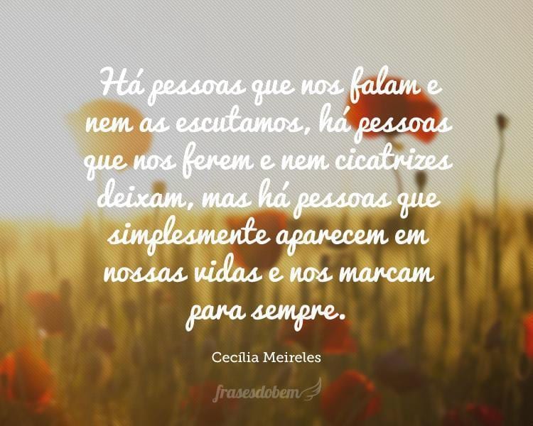 Há pessoas que nos falam e nem as escutamos, há pessoas que nos ferem e nem cicatrizes deixam, mas há pessoas que simplesmente aparecem em nossas vidas e nos marcam para sempre.