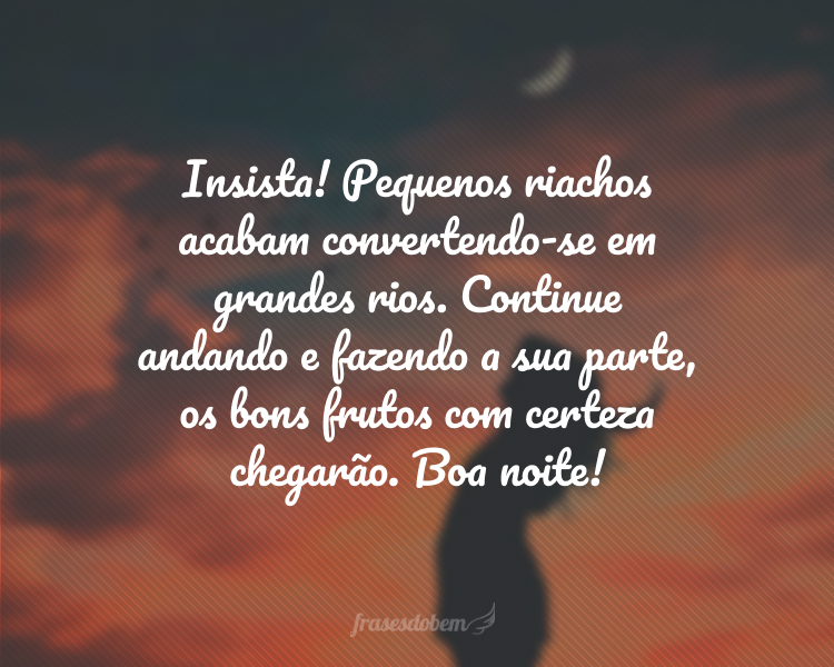 Insista! Pequenos riachos acabam convertendo-se em grandes rios. Continue andando e fazendo a sua parte, os bons frutos com certeza chegarão. Boa noite!