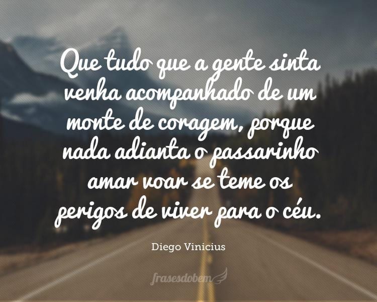 Que tudo que a gente sinta venha acompanhado de um monte de coragem, porque nada adianta o passarinho amar voar se teme os perigos de viver para o céu.