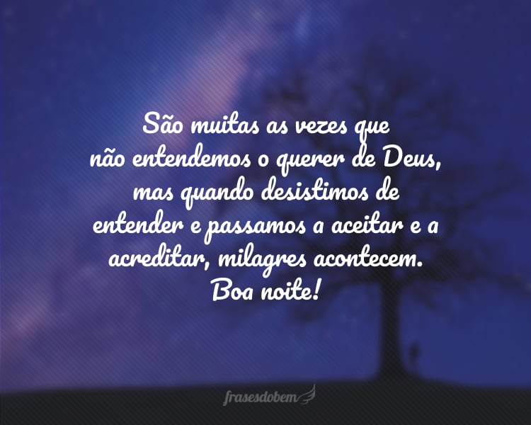 São muitas as vezes que não entendemos o querer de Deus, mas quando desistimos de entender e passamos a aceitar e a acreditar, milagres acontecem. Boa noite!