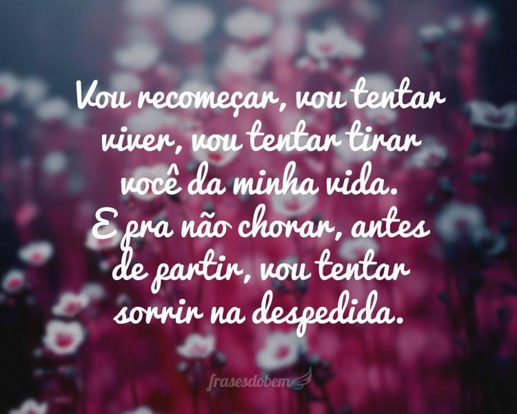 Vou recomeçar, vou tentar viver, vou tentar tirar você da minha vida. E pra não chorar, antes de partir, vou tentar sorrir na despedida.