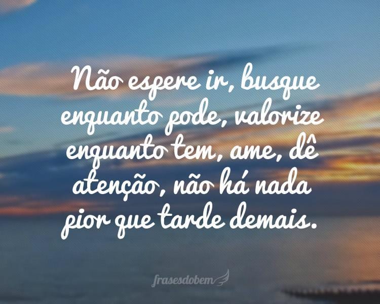 Não espere ir, busque enquanto pode, valorize enquanto tem, ame, dê atenção, não há nada pior que tarde demais.