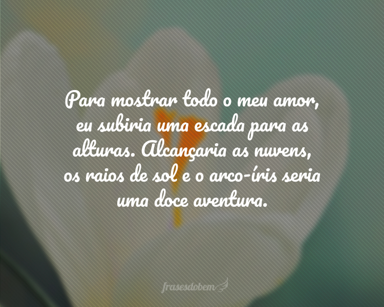 Para mostrar todo o meu amor, eu subiria uma escada para as alturas. Alcançaria as nuvens, os raios de sol e o arco-íris seria uma doce aventura.