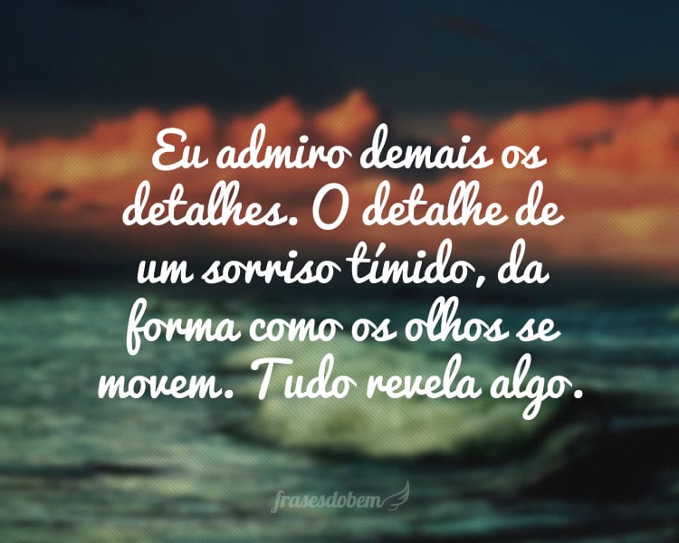 Eu admiro demais os detalhes. O detalhe de um sorriso tímido, da forma como os olhos se movem. Tudo revela algo.