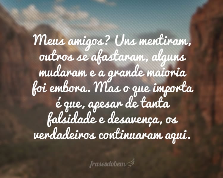 Meus amigos? Uns mentiram, outros se afastaram, alguns mudaram e a grande maioria foi embora. Mas o que importa é que, apesar de tanta falsidade e desavença, os verdadeiros continuaram aqui.