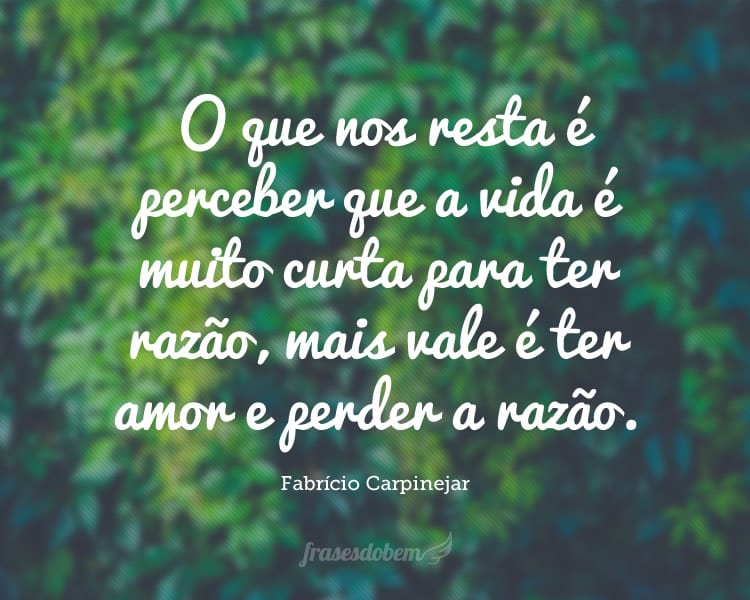 O que nos resta é perceber que a vida é muito curta para ter razão, mais vale é ter amor e perder a razão.