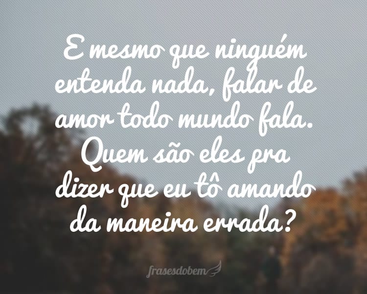 E mesmo que ninguém entenda nada, falar de amor todo mundo fala. Quem são eles pra dizer que eu tô amando da maneira errada?