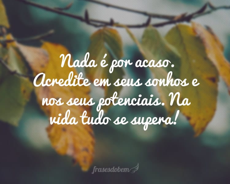 Nada é por acaso. Acredite em seus sonhos e nos seus potenciais. Na vida tudo se supera!