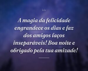 A magia da felicidade engrandece os dias e faz dos amigos laços inseparáveis! Boa noite e obrigado pela tua amizade!